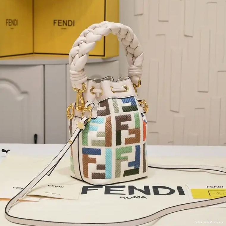Affordable Bucket FF Mon Mini Bag Beige Handle Tresor Fendi Woven In Canvas with Motif 0626